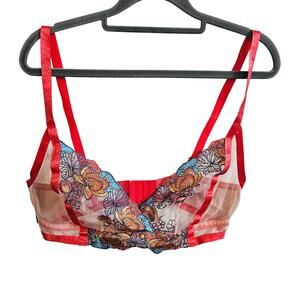 Adore Me Emilie Unlined Bralette Red Blue Mesh Sheer Floral Summer Fairy Size L